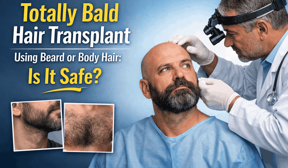 Totally Bald Hair Transplant Using Beard or Body Hair